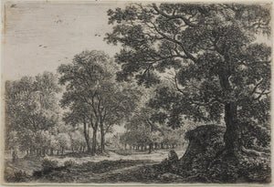Anthonie Waterloo. Man with a dog along a forest path. Etching. 1630 - 1663 and/or 1630 - 1717.