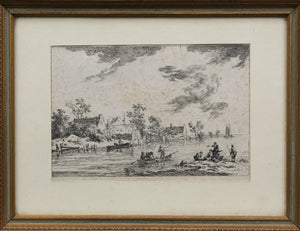 European School XVIII C. Landscape with fishermen. Etching.