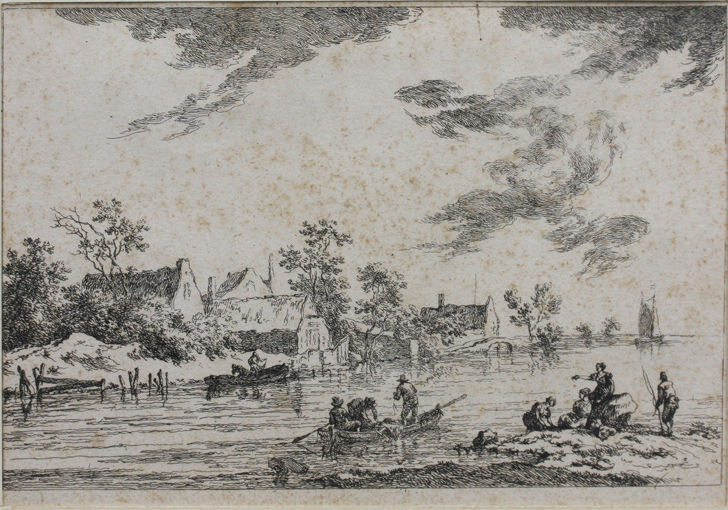 European School XVIII C. Landscape with fishermen. Etching.