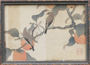 Matsumoto-Do. Birds and Persimmons. Birds and Berries. A pair of vintage woodblock prints in matching frames. Mid 20th century..