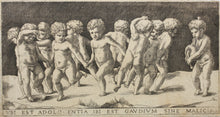 Load image into Gallery viewer, Raphael, after. Ten children dancing to a bagpipe. Engraving by Georges Reverdy. 1550.

