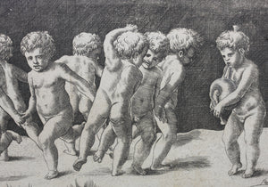 Raphael, after. Ten children dancing to a bagpipe. Engraving by Georges Reverdy. 1550.