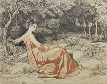 Load image into Gallery viewer, Charles-Émile Wattier. Woman Sitting on the Edge of the Forest. Two-tone engraving. Mid 19th c.
