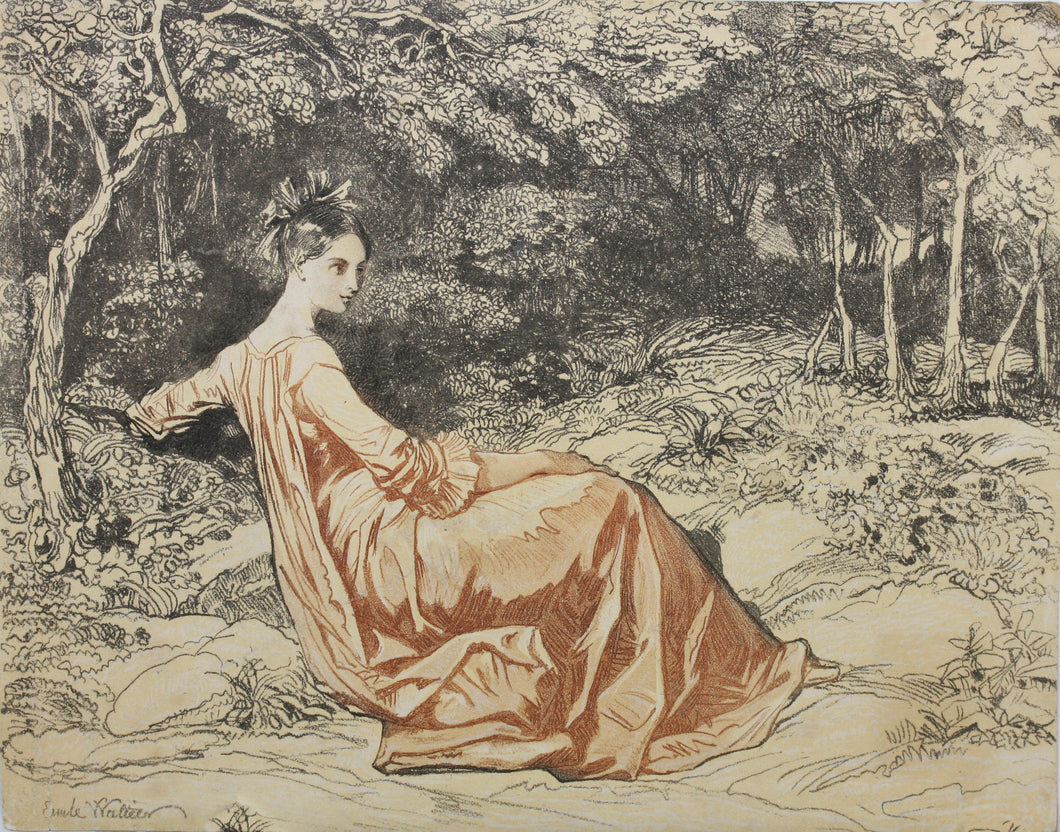 Charles-Émile Wattier. Woman Sitting on the Edge of the Forest. Two-tone engraving. Mid 19th c.