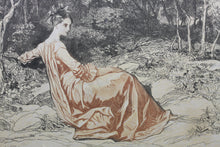 Load image into Gallery viewer, Charles-Émile Wattier. Woman Sitting on the Edge of the Forest. Two-tone engraving. Mid 19th c.
