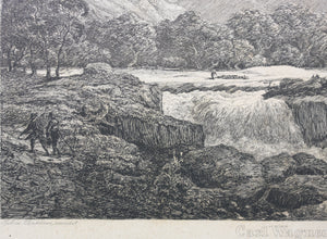 Carl Wagner. Der Isarfall, View of the river Isar. Etching. 1842.