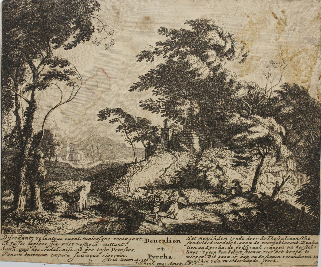 Pieter Schenk. Deucalion and Pyrrha. Engraving. 1704.