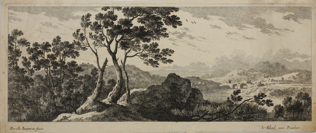 Gabriel Perelle. Landscape with river and bridge. Etching. XVII C.