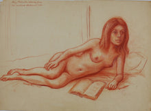 Load image into Gallery viewer, John Middleton Freeman. Reclining Nude with Book. Red conte crayon drawing. 1975.
