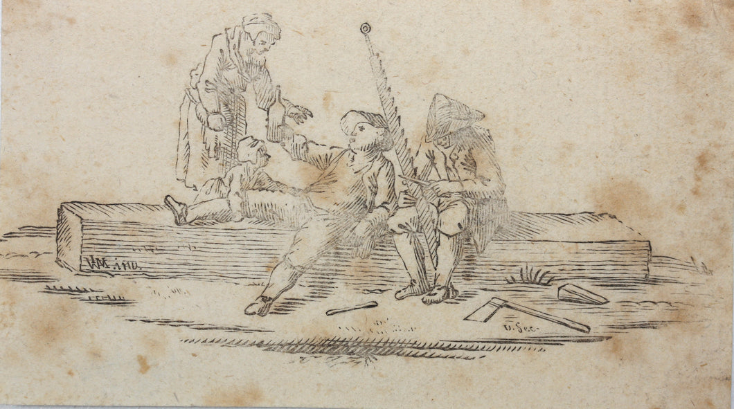 Johann Wilhelm Meil, after. Two carpenters. Wood engraving by Johann Gottlieb Friedrich Unger. 1779.