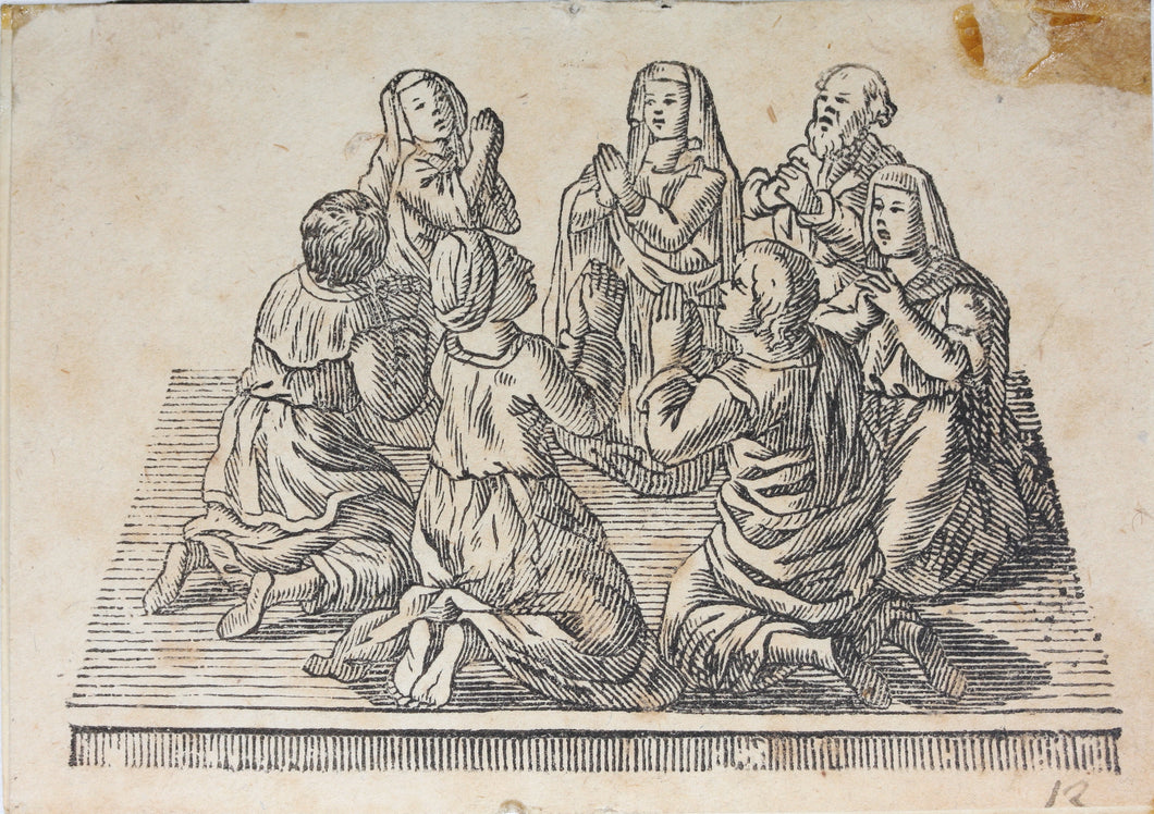 European School XVIII C. A group of kneeling people in prayer. Woodcut. XVIII C.