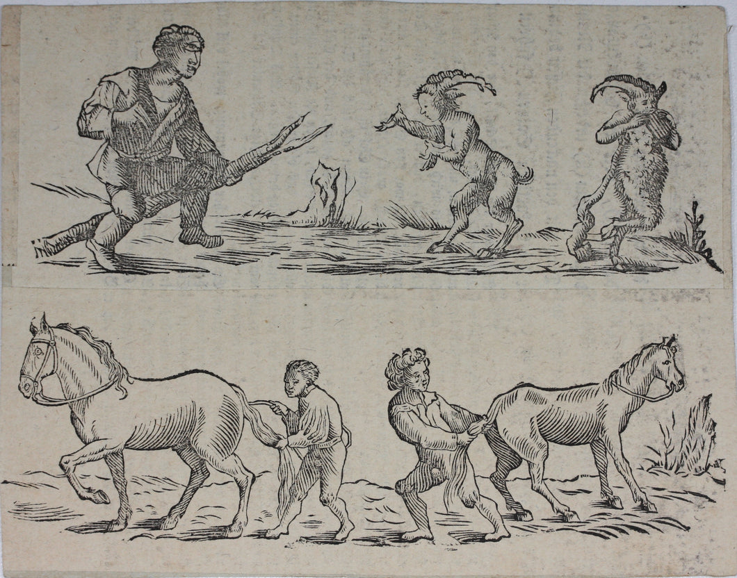 Hans Holbein the Younger, after. Silenus and Polyphemus dancing. Sertorius. Two woodcuts by Johann Gottlieb Friedrich Unger. Late XVIII C.