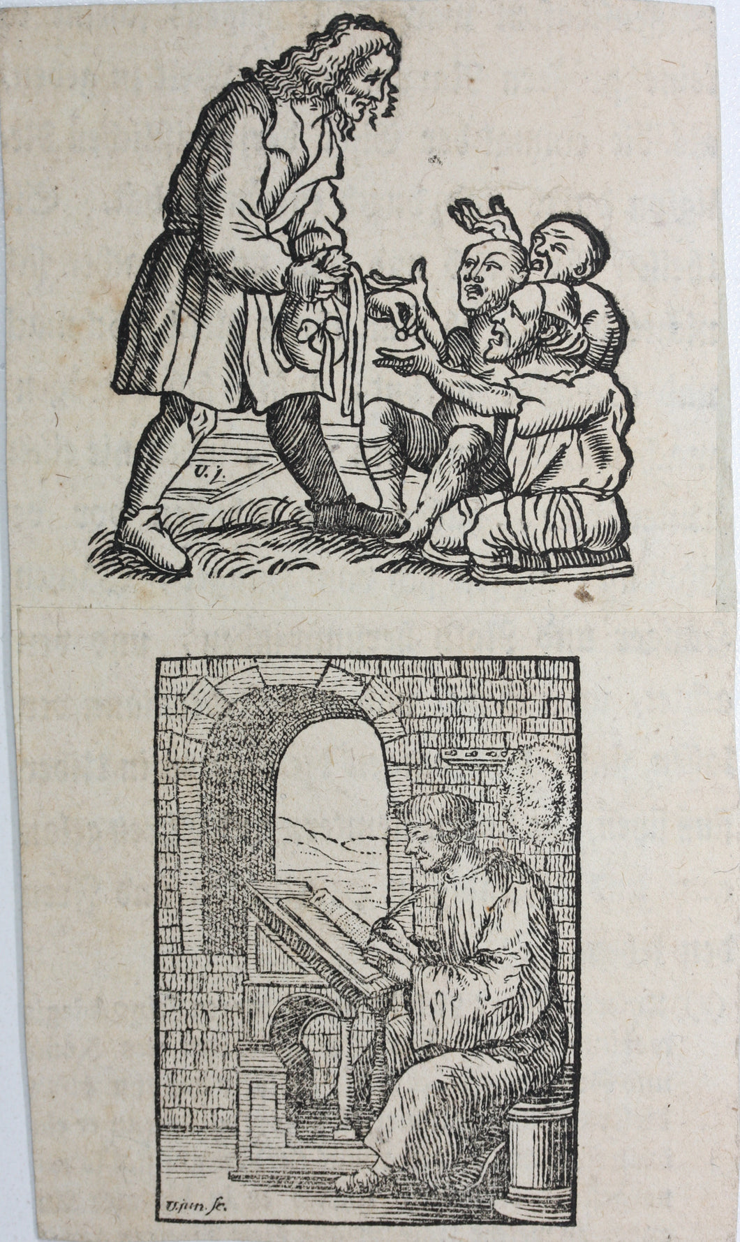 Hans Holbein the Younger, after. Almsgiving. Portrait of Erasmus. Two woodcuts by Johann Gottlieb Friedrich Unger. Late XVIII C.