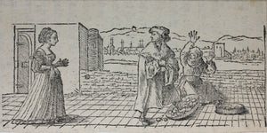 Hans Holbein the Younger, after. Fleuron "The Folly"; A Scholar Treads on a Market Woman's Basket of Eggs. Two woodcuts by Johann Gottlieb Friedrich Unger. Late XVIII C.