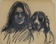 Load image into Gallery viewer, John Middleton Freeman. Portrait of young woman and Spaniel. Chalk drawing. 1975.
