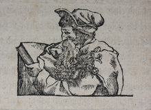 Load image into Gallery viewer, Ambrosius Holbein, after. A Donkey Sings to the Accompaniment of a Harp. Hans Holbein the Younger, after. &quot;The Folly&#39; as a professor of arts or sciences. A Theologian. Three woodcuts by Johann Gottlieb Friedrich Unger. Late XVIII C.
