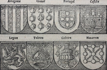 Load image into Gallery viewer, German School XVI C. Spain Heraldry. Print from Cosmographia by Sebastian Münster. Woodcut.

