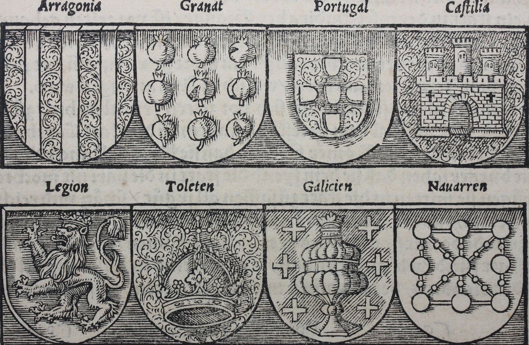 German School XVI C. Spain Heraldry. Print from Cosmographia by Sebastian Münster. Woodcut.