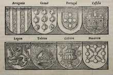 Load image into Gallery viewer, German School XVI C. Spain Heraldry. Print from Cosmographia by Sebastian Münster. Woodcut.
