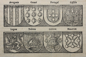 German School XVI C. Spain Heraldry. Print from Cosmographia by Sebastian Münster. Woodcut.