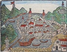 Load image into Gallery viewer, Italian School XVI C. View of Florence page CIII. Colored Woodcut.
