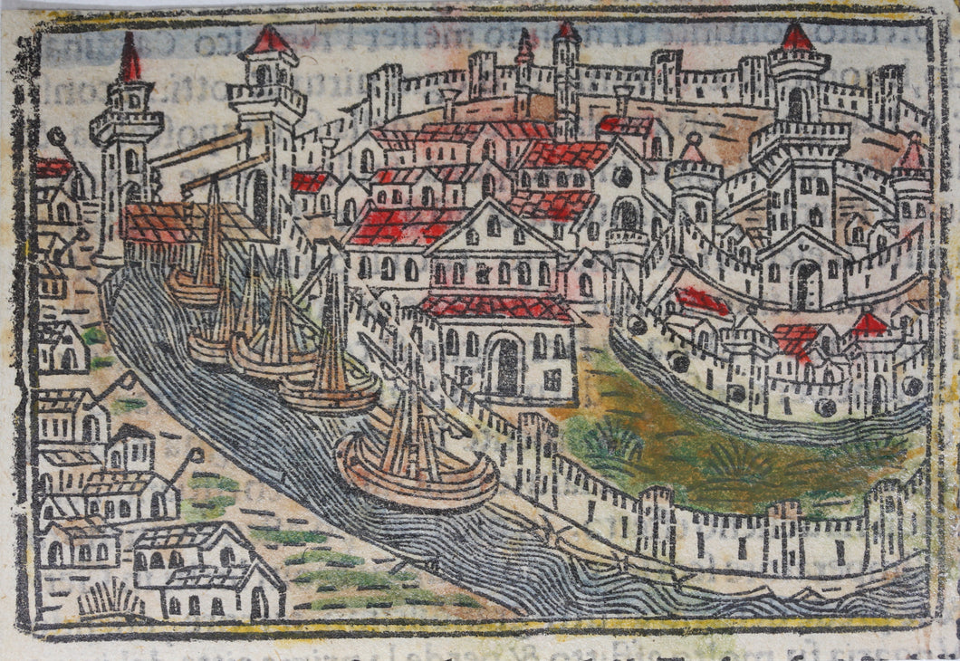 Italian School XVI C. View of Ravenna. Colored woodcut.
