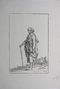 Johann Wilhelm Meil, after. Standing woman with a stick in her hand. Wood engraving by Johann Gottlieb Friedrich Unger. Late XVIII C.