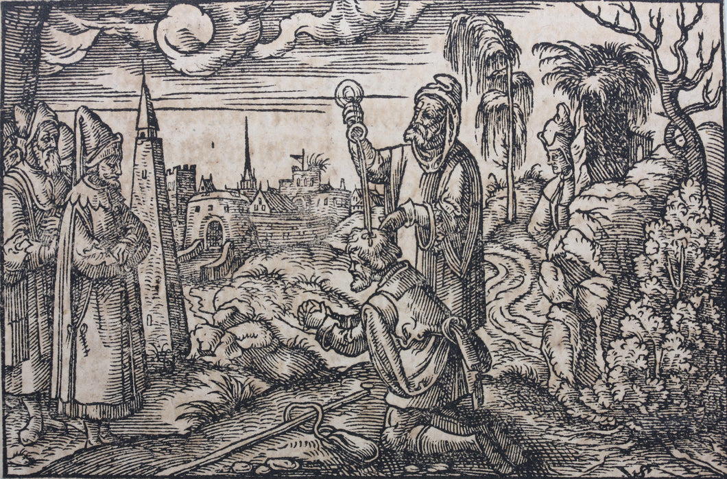 Virgil Solis. Samuel anointing Saul. Woodcut from Bible translated by Martin Luther. XVI C.