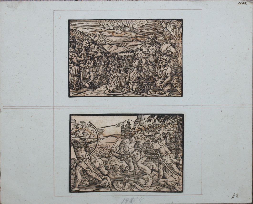 German School XVI C. Five illustrations from the Bible. Woodcuts. Page 148/4 from ancient album.