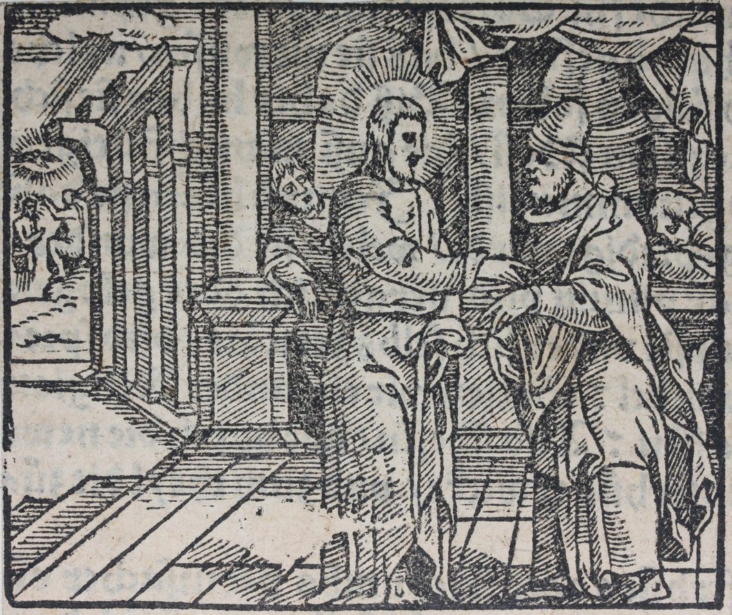 German School XVI C. Christ and Disciple. Illustration from the Bible. Woodcut.