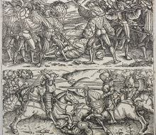 Load image into Gallery viewer, German school XVI C.  Battle scenes. Two woodcuts on one sheet.
