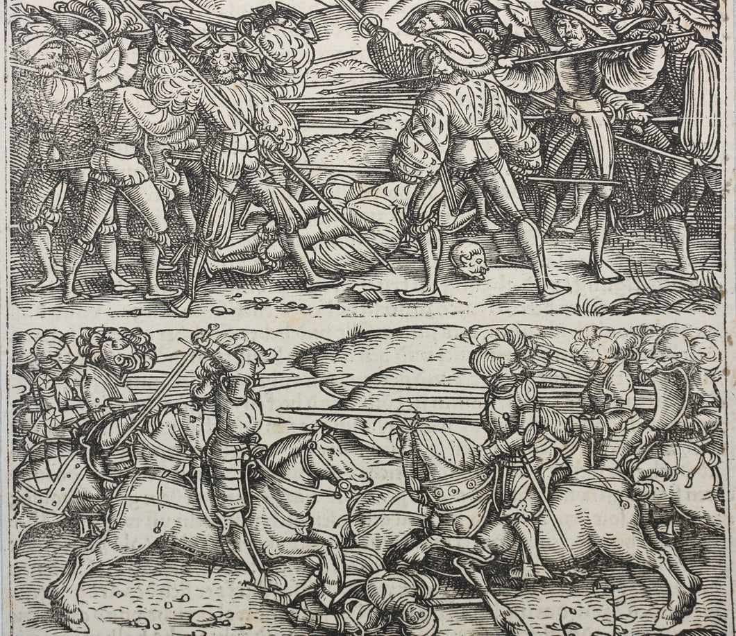 German school XVI C.  Battle scenes. Two woodcuts on one sheet.