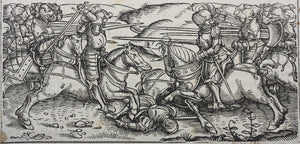 German school XVI C.  Battle scenes. Two woodcuts on one sheet.