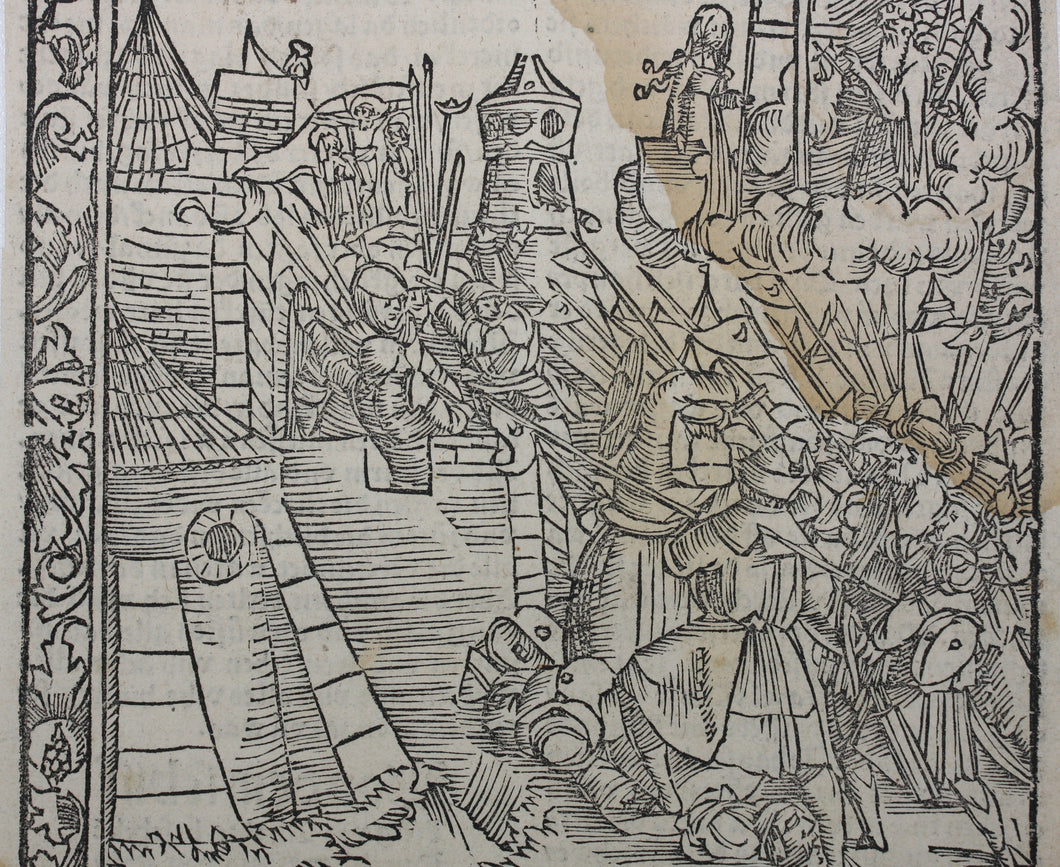 Johannes Adelphus. Die Türkisch Chronik. The Knights Hospitaller fight off the Ottoman's attack. Woodcut XVI C.