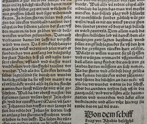 Johannes Adelphus. Die Türkisch Chronik. The Knights Hospitaller fight off the Ottoman's attack. Woodcut XVI C.