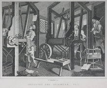 Load image into Gallery viewer, William Hogarth, after. Industry and Idleness. Pl. 1-3, The Sleeping Congregation. The Harlot Progress Pl. 5-6, The Distress&#39;d Poet. The Company of Strollers. Eight steel engravings. 1831.
