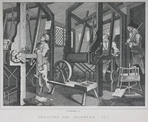 William Hogarth, after. Industry and Idleness. Pl. 1-3, The Sleeping Congregation. The Harlot Progress Pl. 5-6, The Distress'd Poet. The Company of Strollers. Eight steel engravings. 1831.
