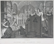 Load image into Gallery viewer, William Hogarth, after. Industry and Idleness. Pl. 1-3, The Sleeping Congregation. The Harlot Progress Pl. 5-6, The Distress&#39;d Poet. The Company of Strollers. Eight steel engravings. 1831.
