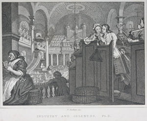 William Hogarth, after. Industry and Idleness. Pl. 1-3, The Sleeping Congregation. The Harlot Progress Pl. 5-6, The Distress'd Poet. The Company of Strollers. Eight steel engravings. 1831.