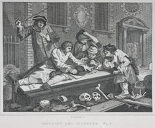 Load image into Gallery viewer, William Hogarth, after. Industry and Idleness. Pl. 1-3, The Sleeping Congregation. The Harlot Progress Pl. 5-6, The Distress&#39;d Poet. The Company of Strollers. Eight steel engravings. 1831.
