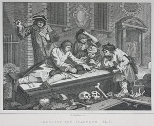William Hogarth, after. Industry and Idleness. Pl. 1-3, The Sleeping Congregation. The Harlot Progress Pl. 5-6, The Distress'd Poet. The Company of Strollers. Eight steel engravings. 1831.