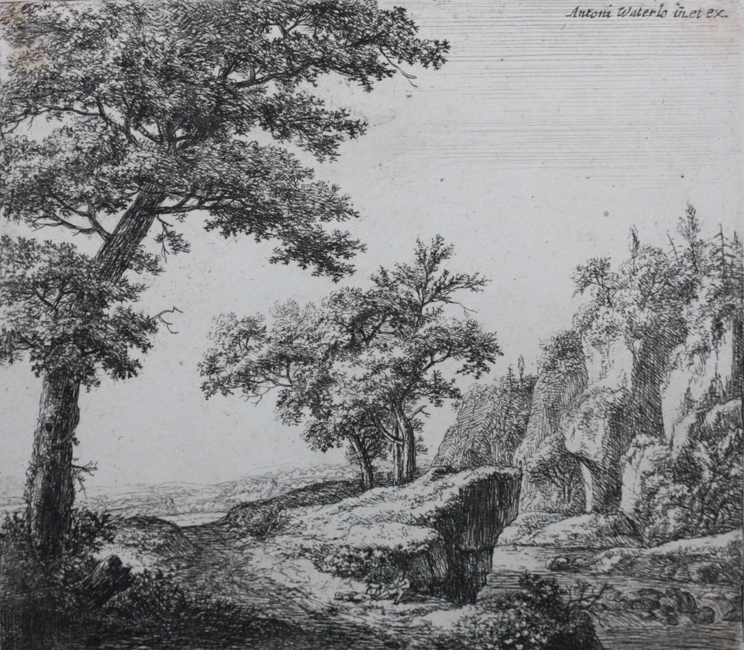 Antonie Waterloo. A river with rocky banks. Etching. 1640-1690.