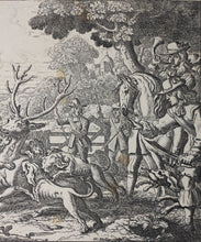 Load image into Gallery viewer, Francis Barlow, after. Stagg Hunting. Etching by Wenceslaus Hollar. C. 1671.
