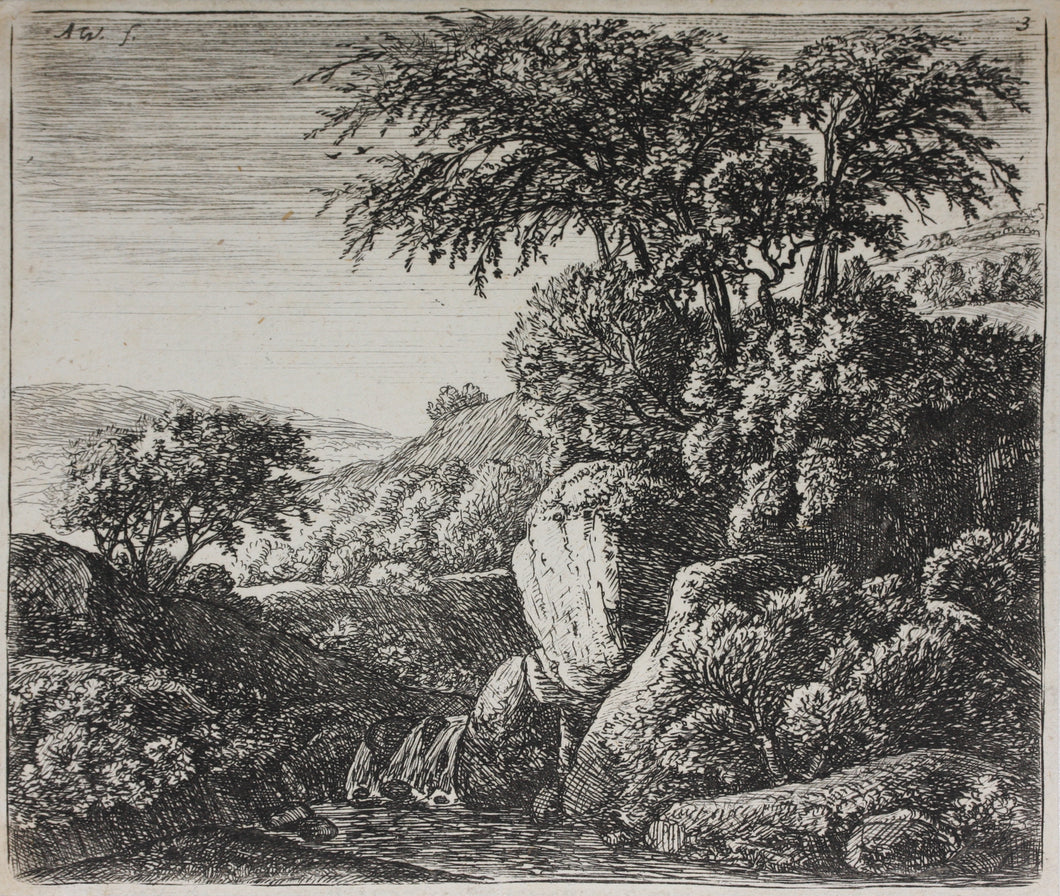 Antonie Waterloo. Small waterfall. Etching. 1637-1690.