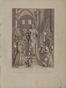 Giovanni Baglione, after. St. Prisca baptised by St Peter. Etching by Paul Ponce Antoine Robert de Séri. 1742.