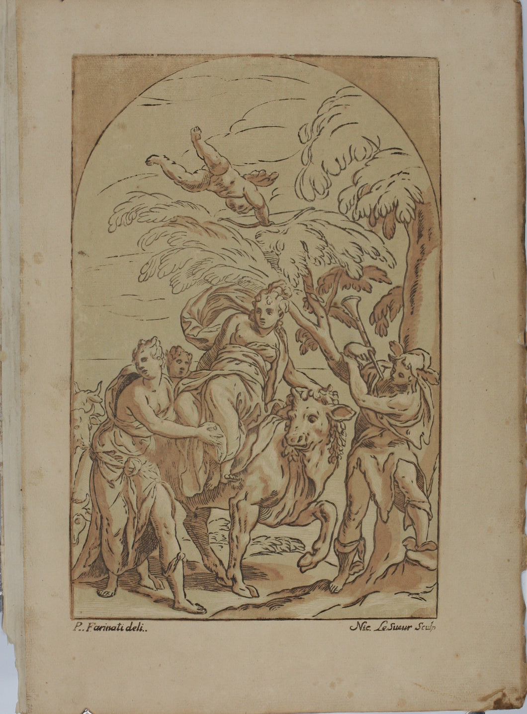 Paolo Farinati, after. The rape of Europa. Engraving by Nicolas Lesueur. 1742.