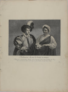 Michelangelo da Caravaggio, after. The fortune-teller. Engraving by Benoît Audran II. 1742.