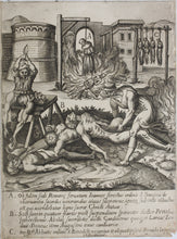 Load image into Gallery viewer, Niccolò Circignani, after. The Martyrdom of John Forest, and Three Benedictine Abbots. Engraving by Giovanni Battista Cavalieri. 1584 - 1608.

