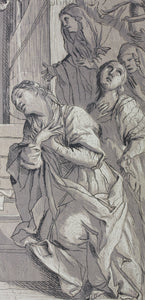 Giovanni Baglione, after. St. Prisca baptised by St Peter. Etching by Paul Ponce Antoine Robert de Séri. 1742.