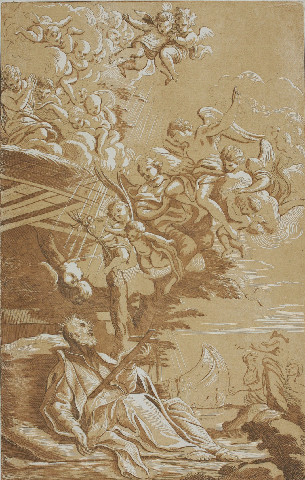 Lodovico Gimignani, after. Death of St Francis Xavier. Etching by Anne Claude Philippe de Tubières, Comte de Caylus. 1742.